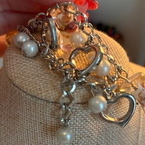 Silver Heart Charm Bracelet with Pearls
